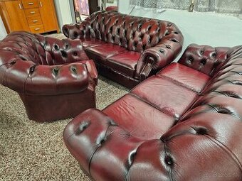 CHESTERFIELD ŠTÝL,KOŽENÁ SEDAČKA 3+3+1,BORDOVOČIERNA
