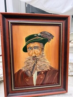 Stary malovany (signovany ) obraz deda s fajkou
