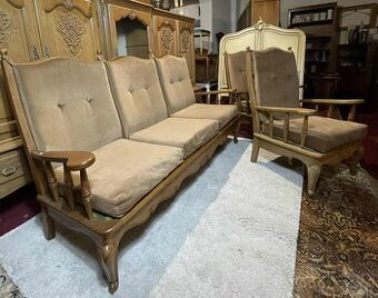 Vintage trojsed + 2ks kreslo, masiv, textilia, set