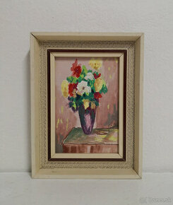 Starožitný maľovaný obraz váza s kvetmi 21,1x16,2cm - 1