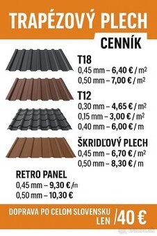 Kompletný cenník plechov – T18, T12, škridľový, retro panel