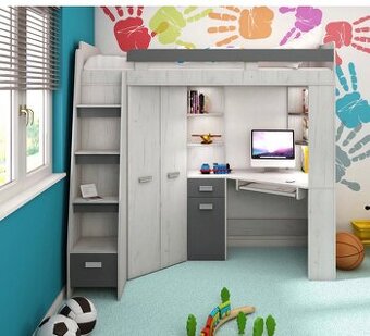Detská rohová postel so stolom a rohovou skriňou