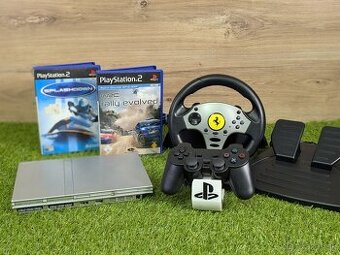 Sony Playstation 2, 1 ovládač, volant, 8MB karta, 2 hry