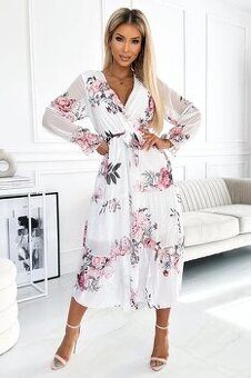 Biele midi šaty s kvetmi a opaskom velk. UNI