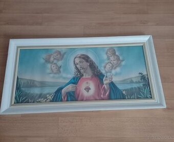 Svätý veľký obraz s dreveným bielo a pozlateným rámom