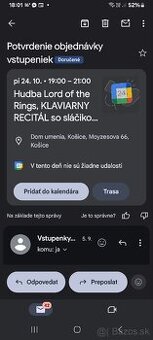 3 lístky na koncert hudba Pán prsteňov v KE 24.10.