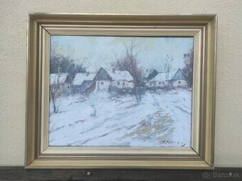 olejomalba , obraz- chalupky v zime.