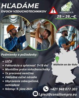 Hľadáme dvoch montérov vzduchotechniky.