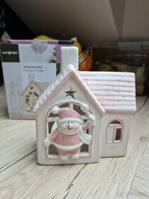 Novy vianocny svietnik keramicky domcek so snehuliakom ruzov