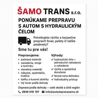 🚚 Ponúkame prepravu s autom s hydraulickým čelom DT