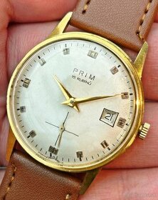 Československé mechanické retro hodinky PRIM Datumatic Zlaté