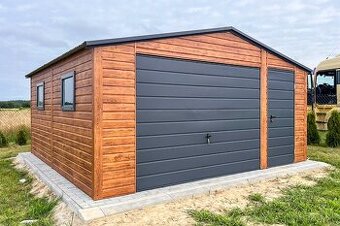 Plechová garáž 5x5 sedlová strecha, výklopná brána, 2x okno