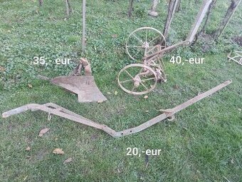 Starý pluh, kolesá, brány, sane, koleso zo studne
