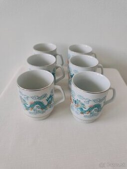 Retro porcelánové hrnky s čínským drakem (6 ks)