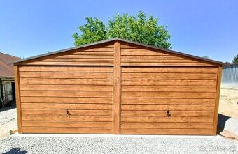 Plechová garáž 6x6 sedlová strecha, imitácia dreva