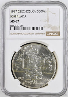 Ag minca 500 Kčs 1987 Josef Lada BK certifikát NGC MS 67