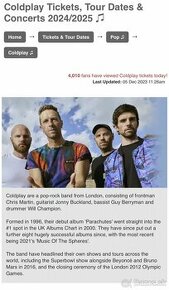 Predám 2 lístky na Coldplay - Atény 9.6.2024