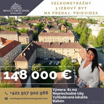 VEĽKOMETRÁŽNY 3 IZBOVÝ BYT NA PREDAJ, PRIEVIDZA
