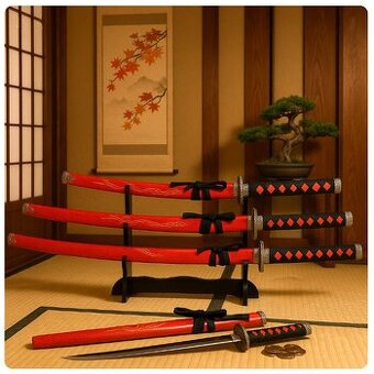 Dekoračná sada 3 japonských mečov katana s červeným puzdrom