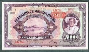 Staré bankovky 5000 korun 1920 PŘETISK bezvadný stav UNC, or