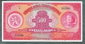 Staré bankovky 500 korun 1929 VELMI PĚKNÝ STAV, v tomt stavu
