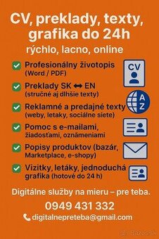 CV, preklady, texty, grafika do 24h – rýchlo, lacno, online