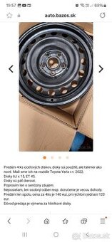 Predám oceľové disky, Toyota Yaris, Toyota