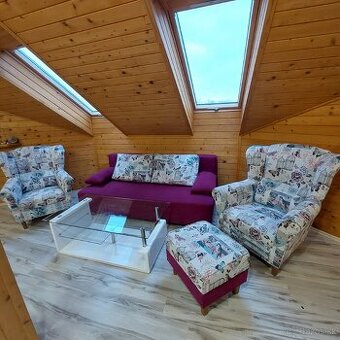 Sedacia súprava:Rozkladacia pohovka + 2 kreslá + taburet