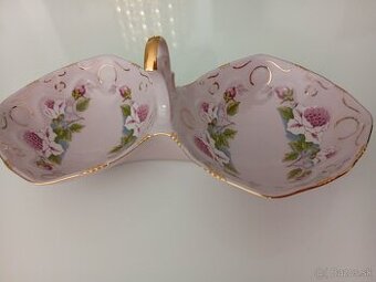 Růžový porcelán, dvojmiska ve tvaru košíku, Chdov