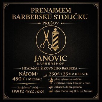 Prenajmem barberskú stoličku / hladame barbera