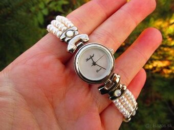 Dámske funkčné strieborné hodinky s riečnymi perlami, Ag 925