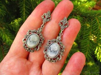 Strieborné náušnice s markazitmi a kameou, Ag 925