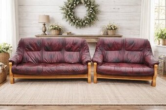 Kožená sedacia súprava 3+2 s masívnym drevom