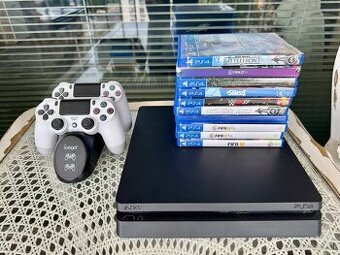 Playstation 4 Slim 500gb, 2 Ovládače, Nabíjačka, 10 Hier