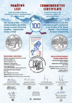 Pamätný list Majstrovstvá Európy v hokeji - 100. výročie.