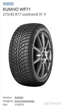 Nové pneumatiky 4 ks Kumho WP71 XL 215/45 r17 91V