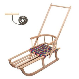 Detské drevené sánky s operadlom rukoväťou a povrázkom