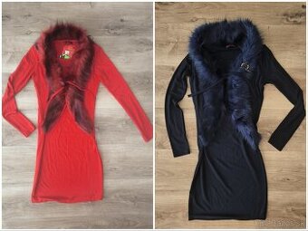 Červené a tmavomodré šaty s kožušinkou