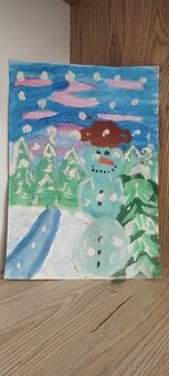 Detský zimný obrázok - originálna maľba (A4)
