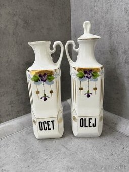 STAROŽITNÉ NÁDOBY NA OCOT A OLEJ, FIALKY - TOP STAV