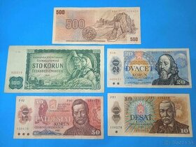Bankovky ČESKOSLOVENSKO - 10, 20, 50, 100, 500 Kčs