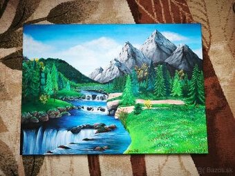Predám ručne maľovaný obraz – horská krajina s riekou