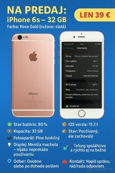 Predám iPhone 6s – 32 GB, Rose Gold (ružovo-zlatý)