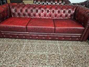 CHESTERFIELD ŠTÝL,BORDOVOČERVENÁ KOŽENÁ SEDAČKA 3+1+1