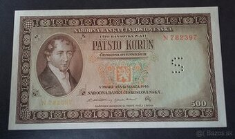 500 Kčs 12.3.1946 vzácná perforácia S, stav UNC
