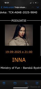 Predám 2 lístky na INNU v Ministry v Banskej Bystrici 19.09.