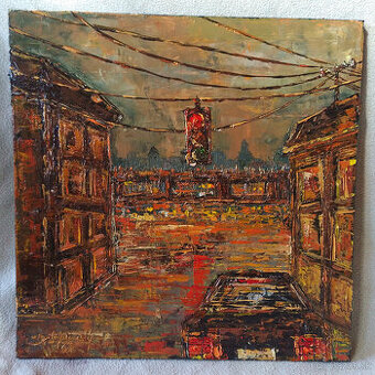 Autá, vlaky, loďky, postavy s dáždnikmi