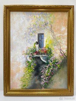 Kvetinový balkón III, olejomaľba