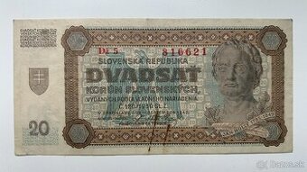 Bankovky Slovenský štát 20 Ks Dž5,Ar3 Neperforované