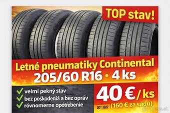 🔥 TOP STAV – Letné pneumatiky Continental 205/60 R16 (4 ks)